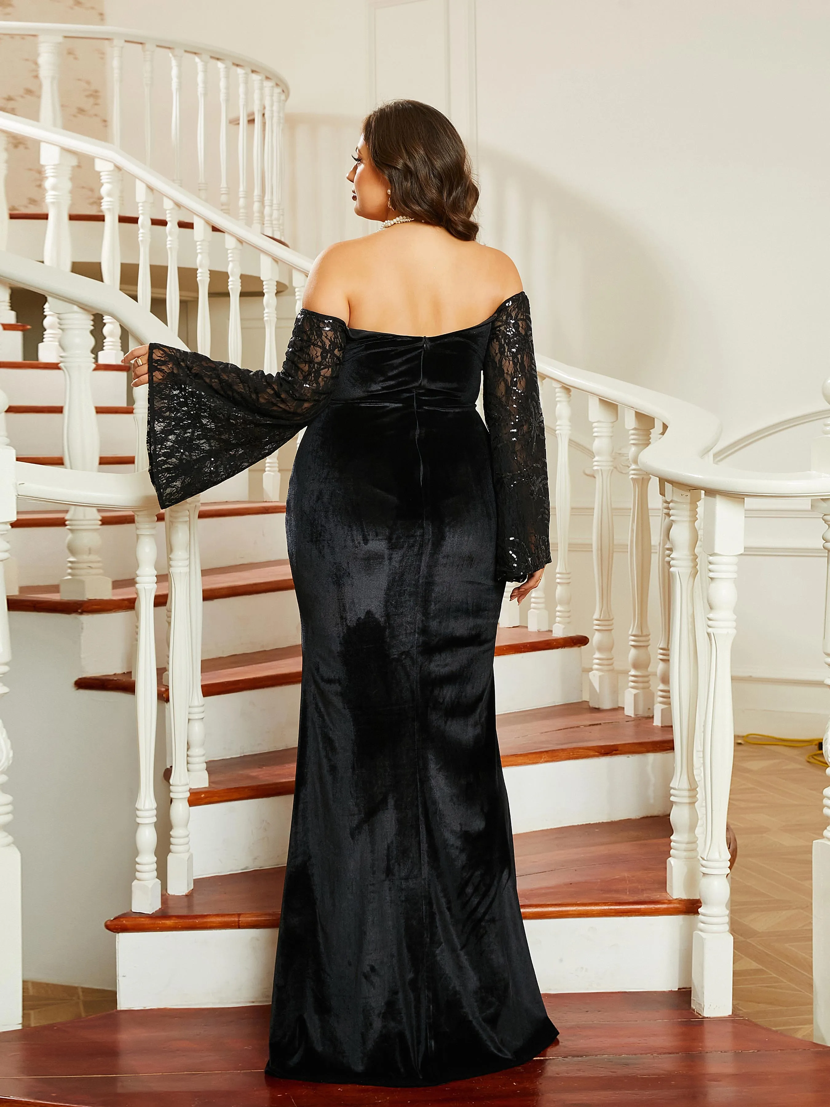 Plus Size Off Shoulder Backless Split Strapless Bell Sleeve Prom Dress PRA60147