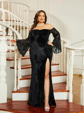 Plus Size Off Shoulder Backless Split Strapless Bell Sleeve Prom Dress PRA60147