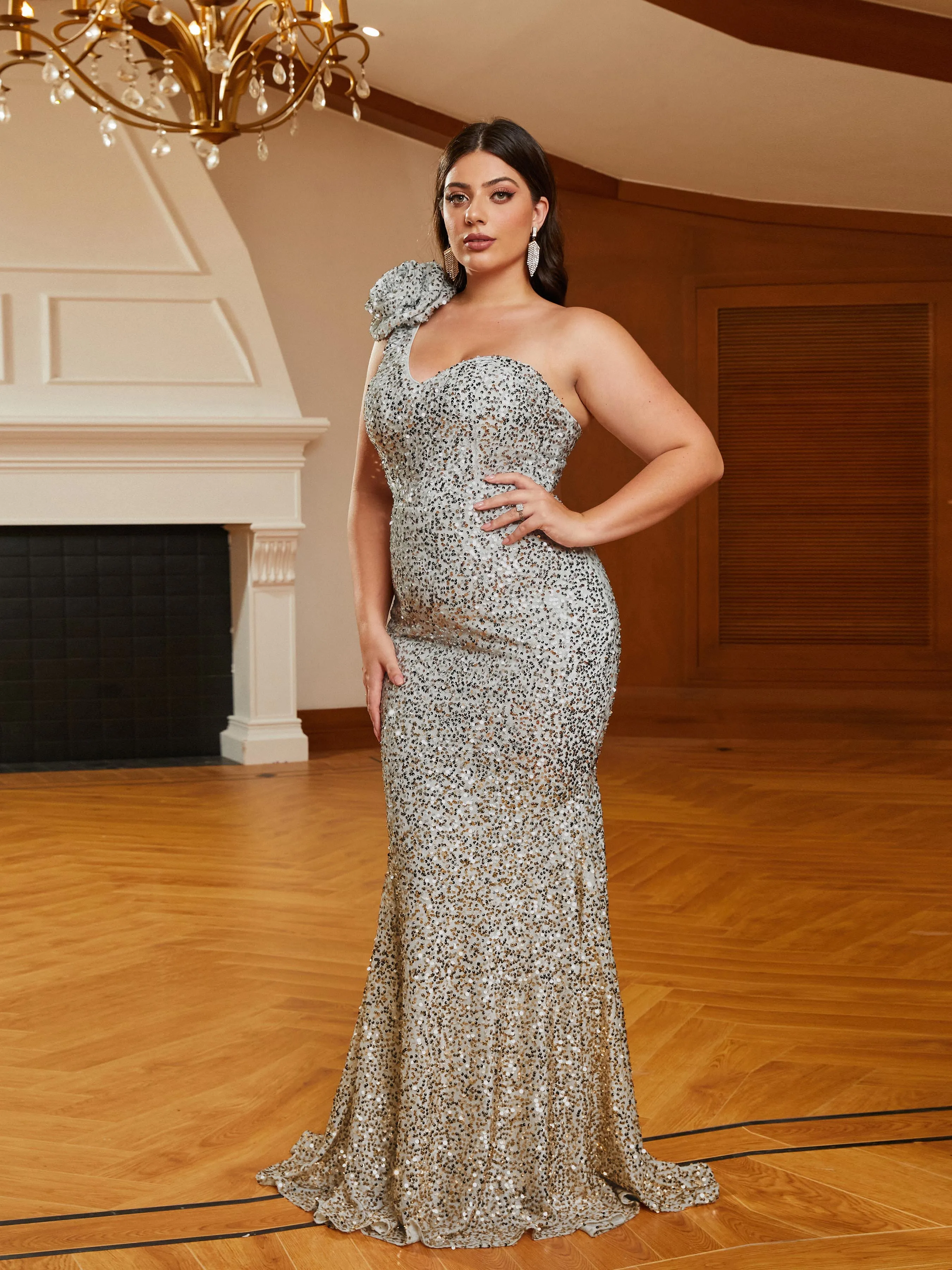 Plus Size One Shoulder White Sequin Evening Dress PRJ10984