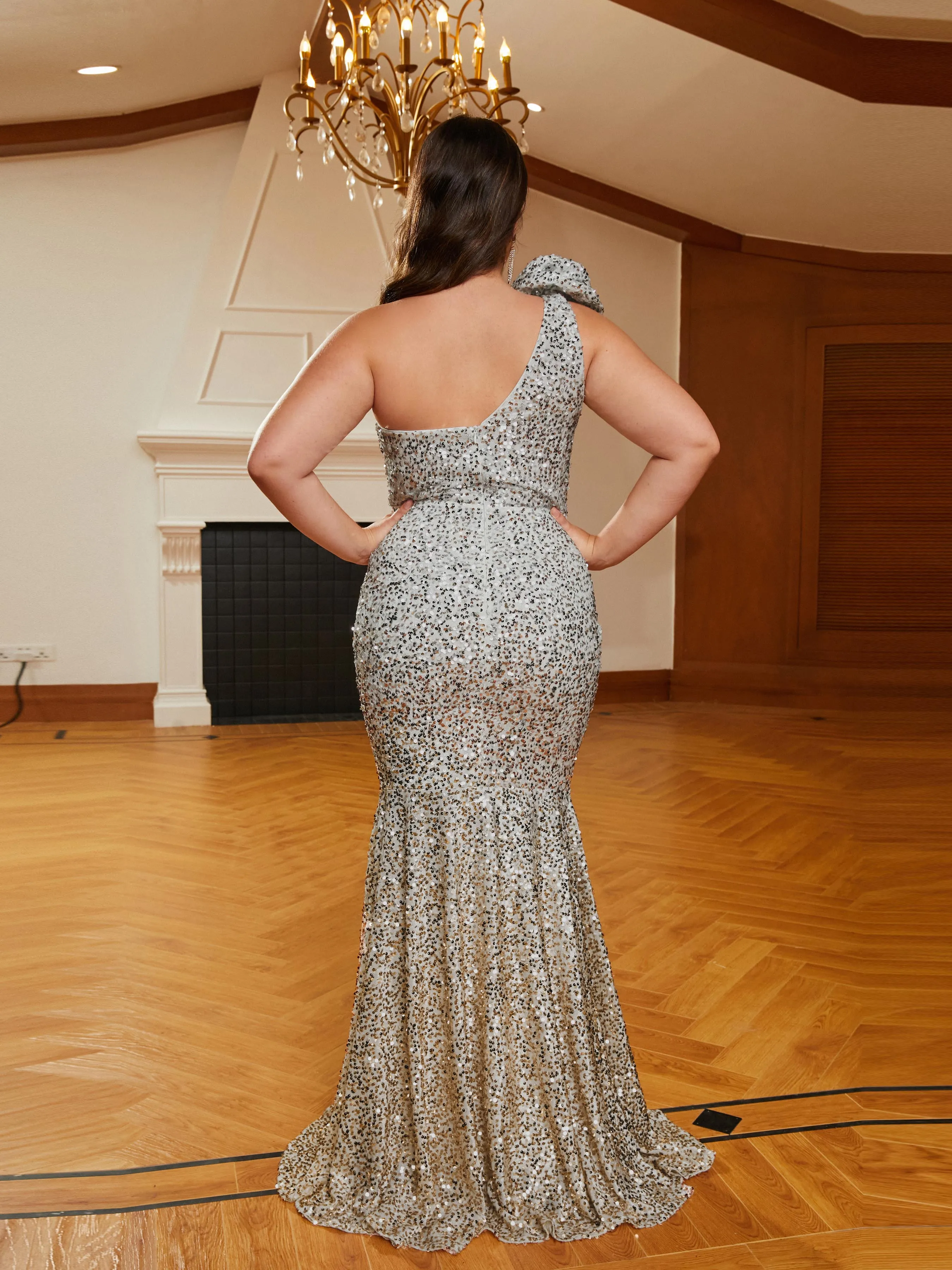 Plus Size One Shoulder White Sequin Evening Dress PRJ10984