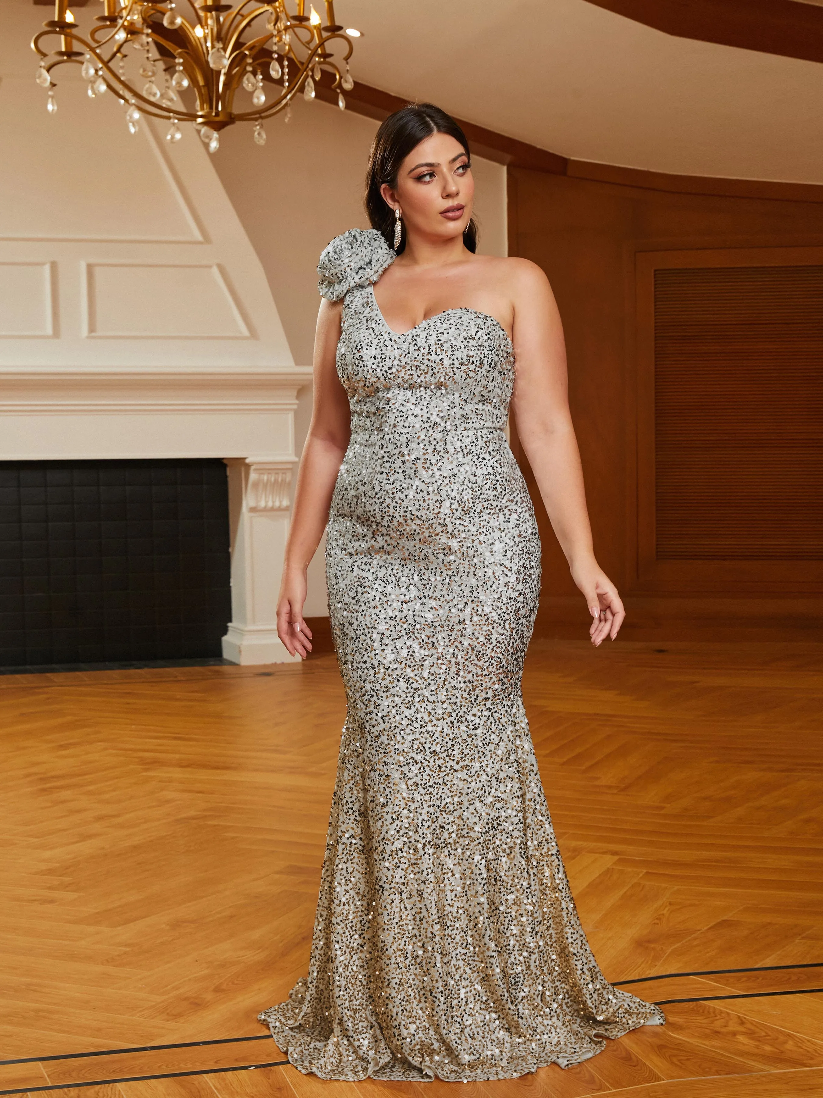 Plus Size One Shoulder White Sequin Evening Dress PRJ10984