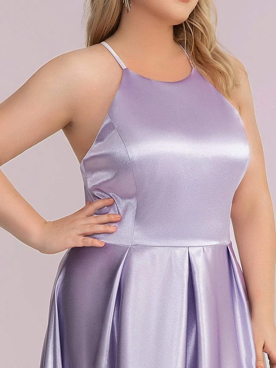 Plus Size Romantic Satin Halter Neck High Low Pleated Prom Dress