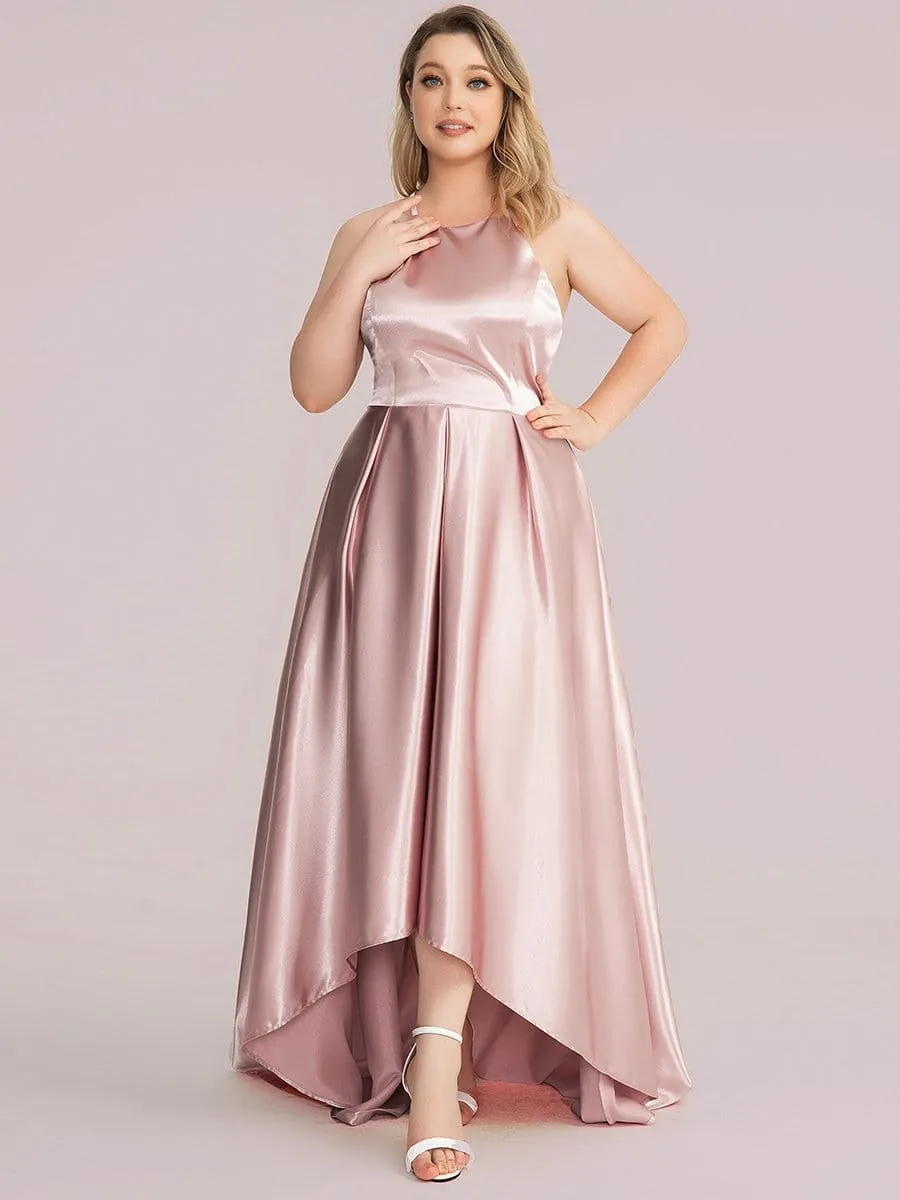 Plus Size Romantic Satin Halter Neck High Low Pleated Prom Dress