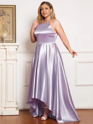 Plus Size Romantic Satin Halter Neck High Low Pleated Prom Dress