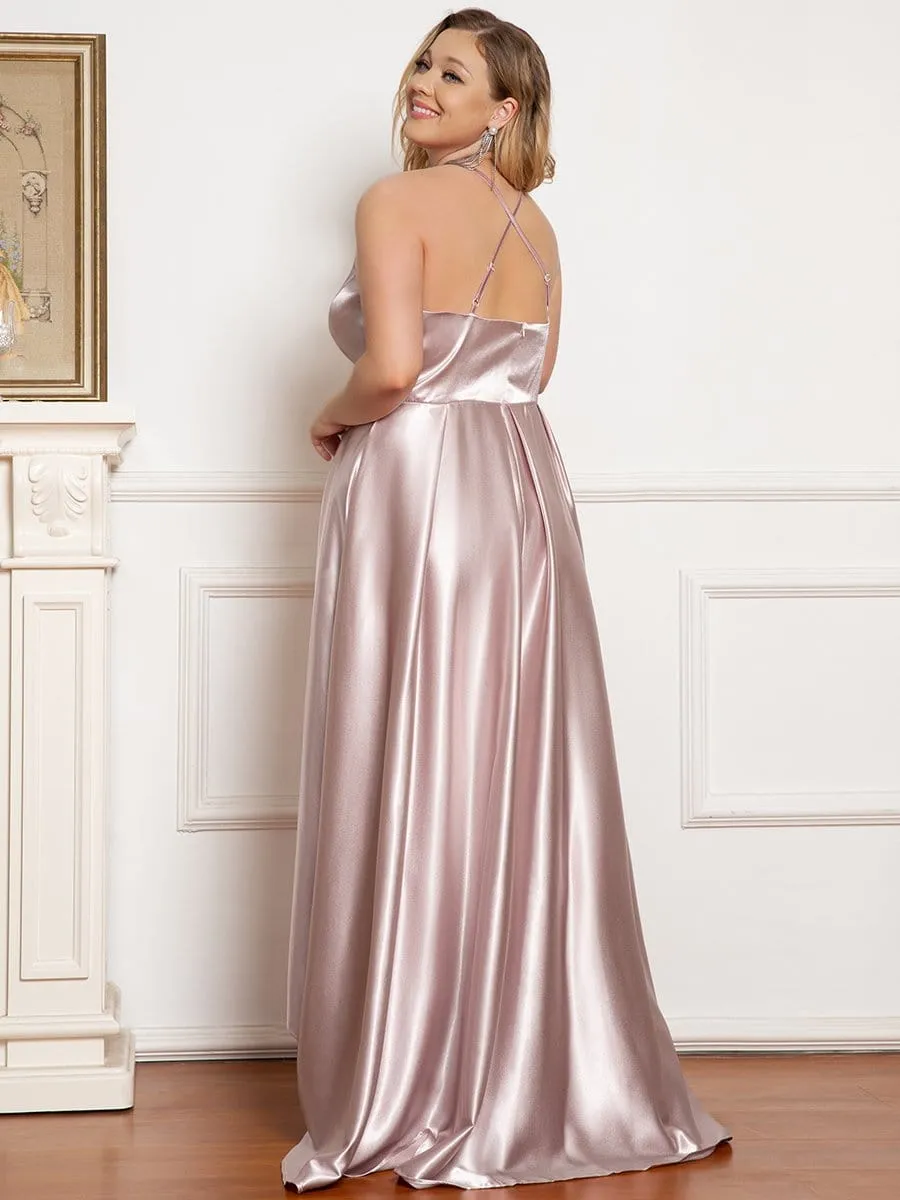 Plus Size Romantic Satin Halter Neck High Low Pleated Prom Dress