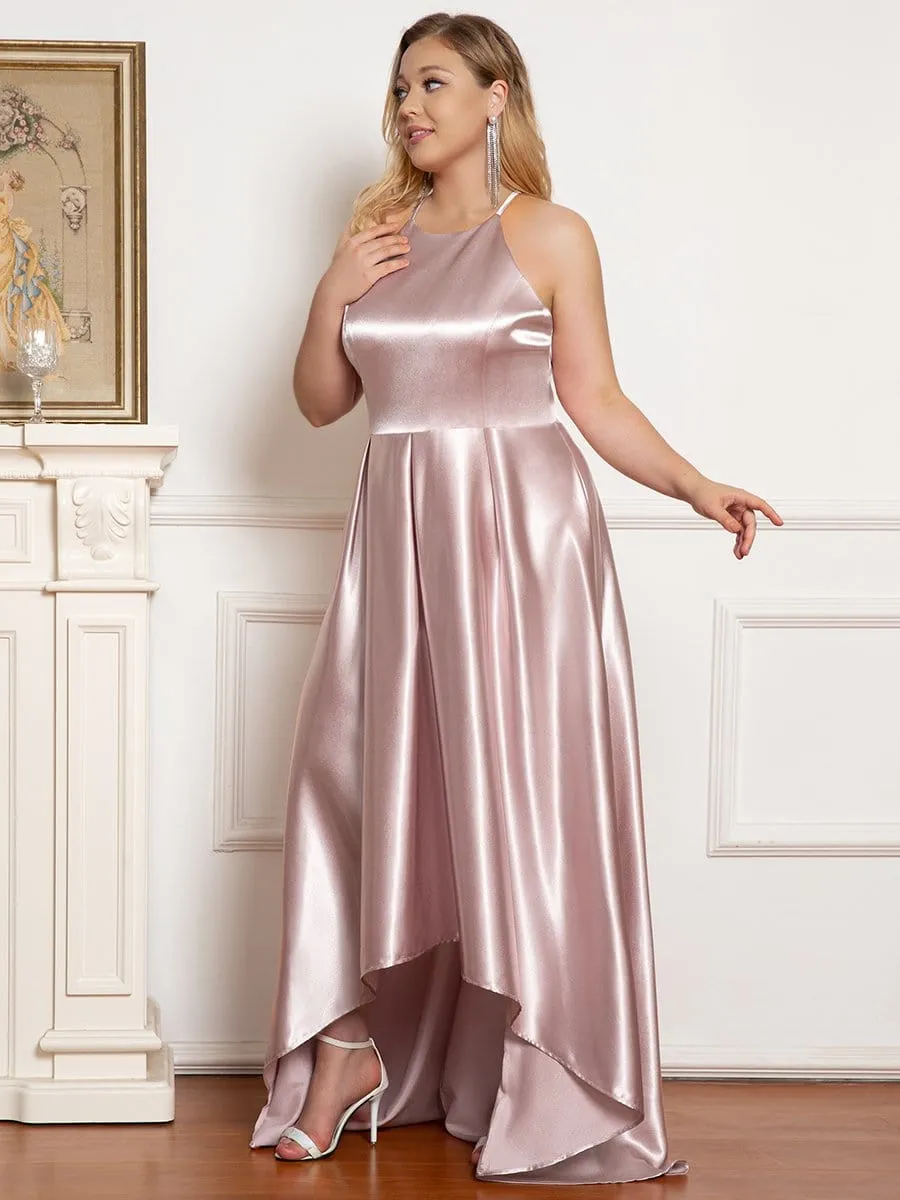 Plus Size Romantic Satin Halter Neck High Low Pleated Prom Dress