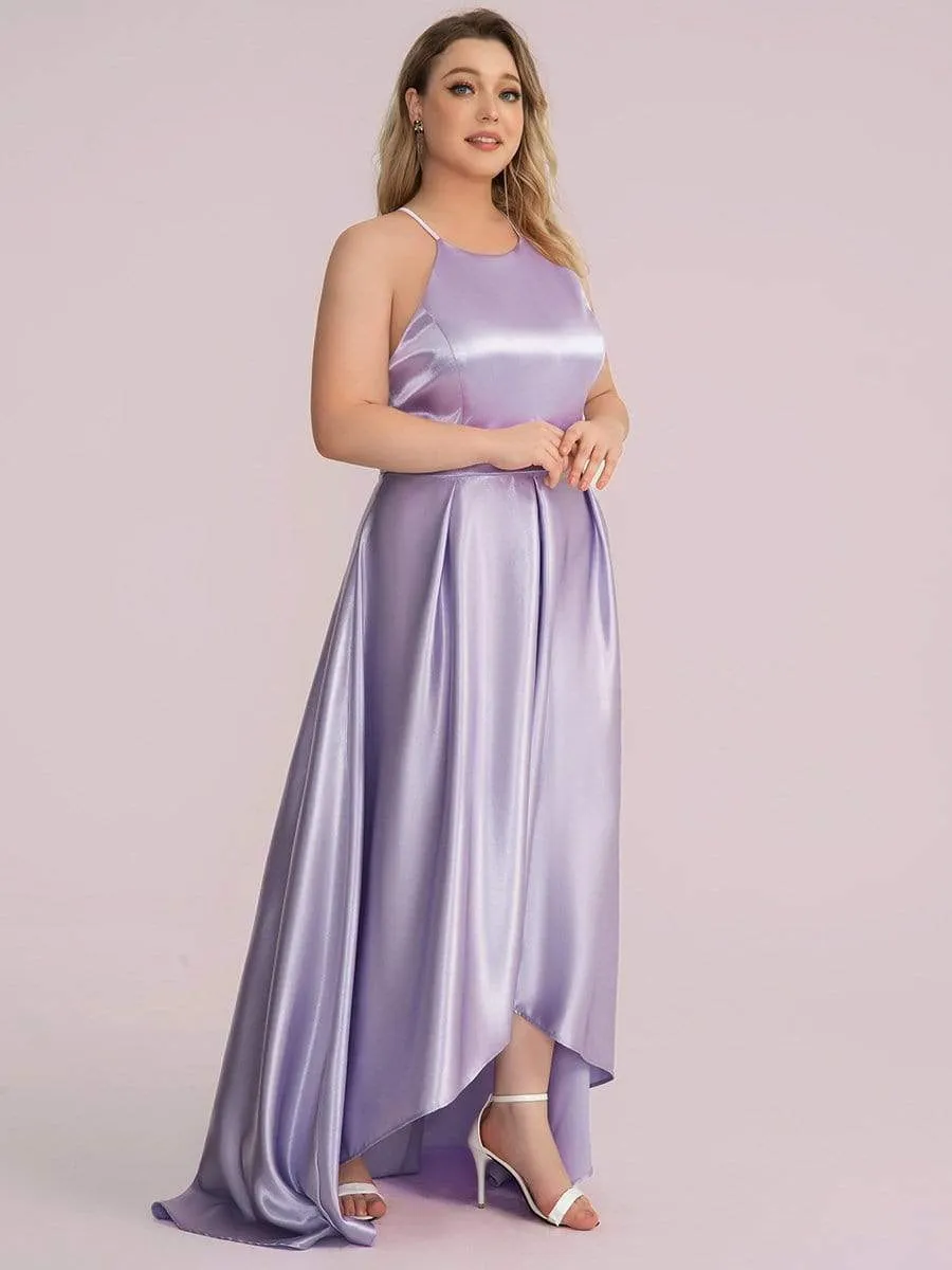 Plus Size Romantic Satin Halter Neck High Low Pleated Prom Dress