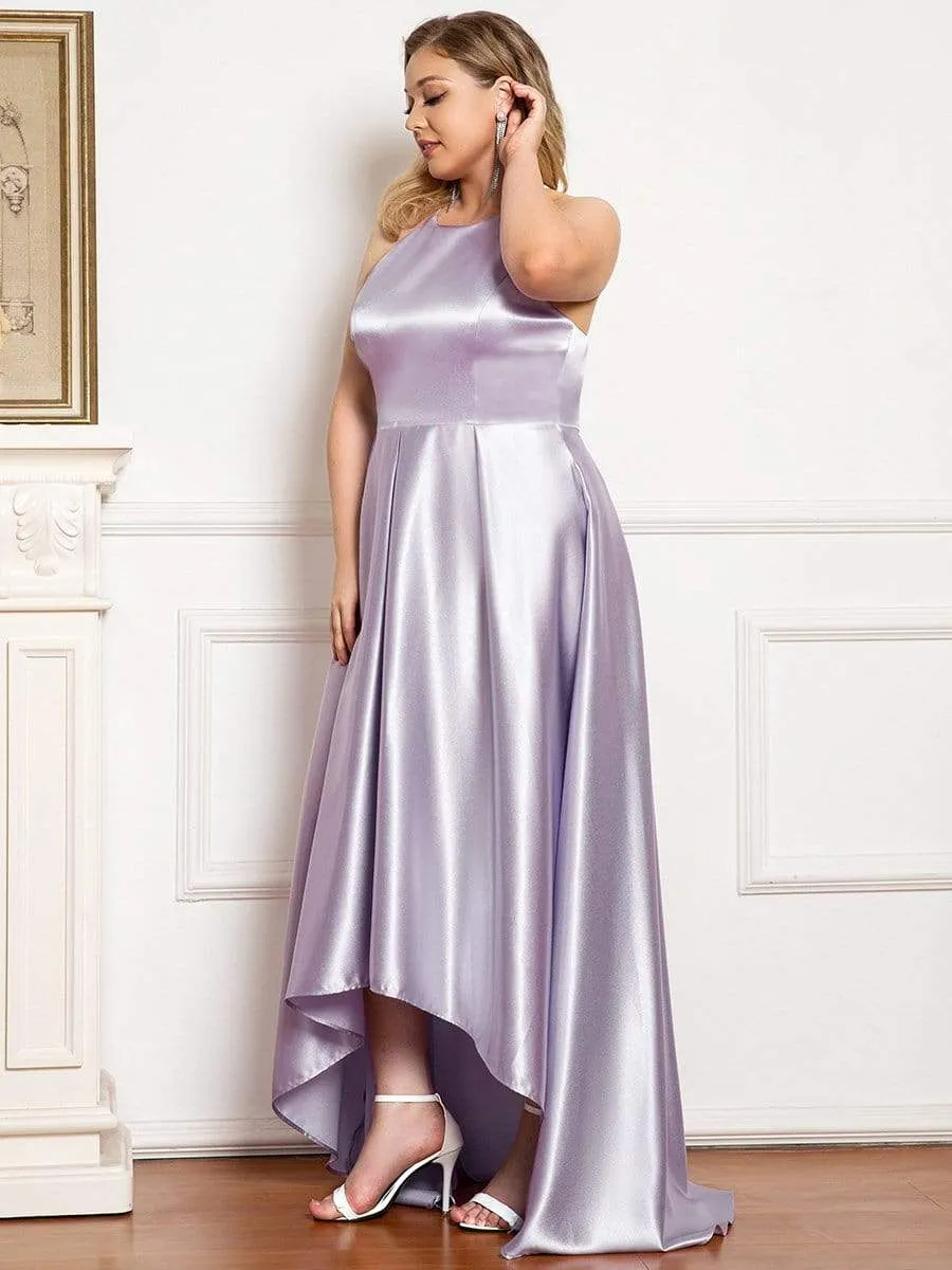 Plus Size Romantic Satin Halter Neck High Low Pleated Prom Dress