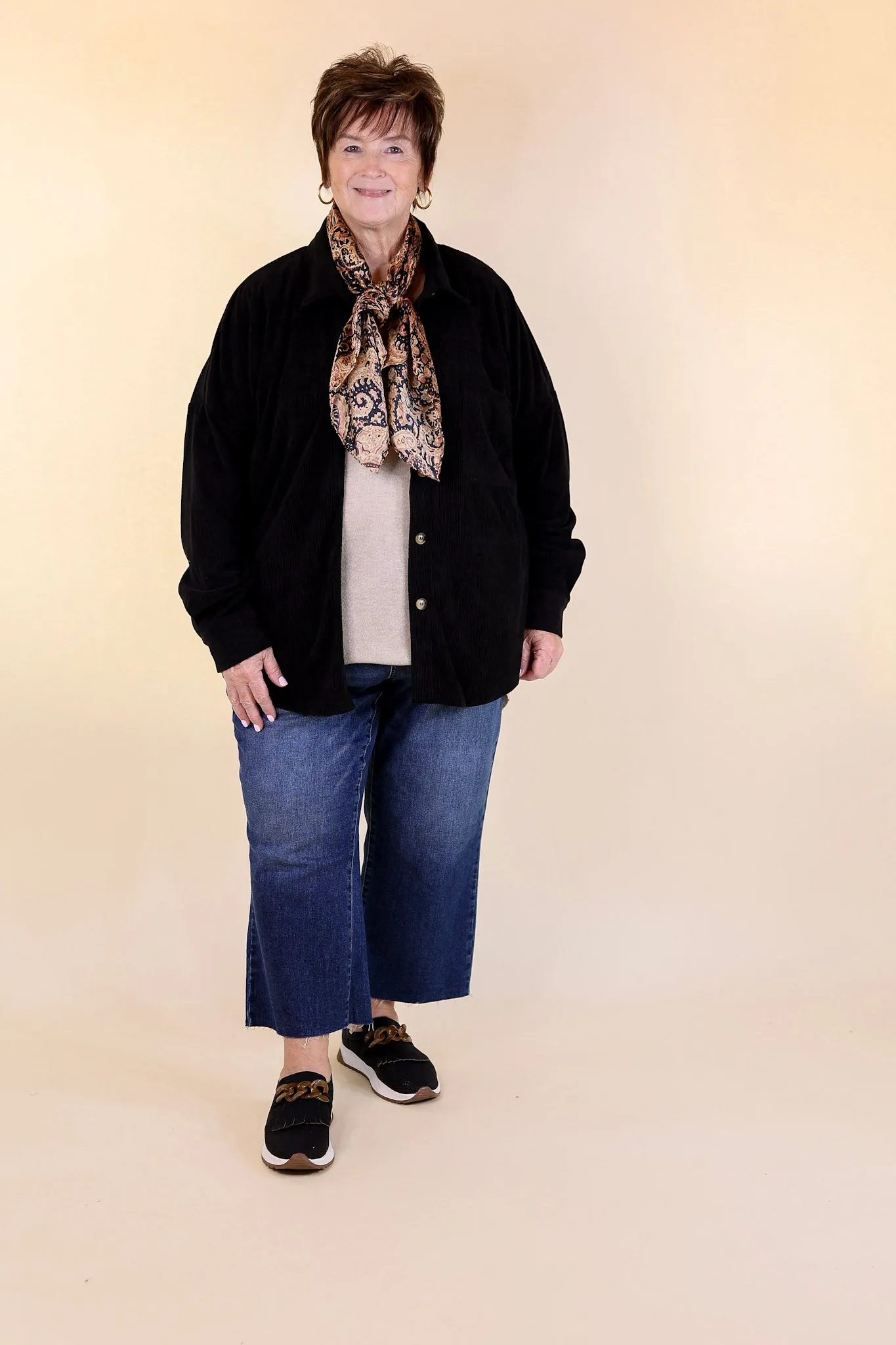 Plus Sizes | Captivating Cuteness Corduroy Button Up Shacket in Black