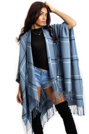 Powder Blue Check Blanket Cape with Tassels