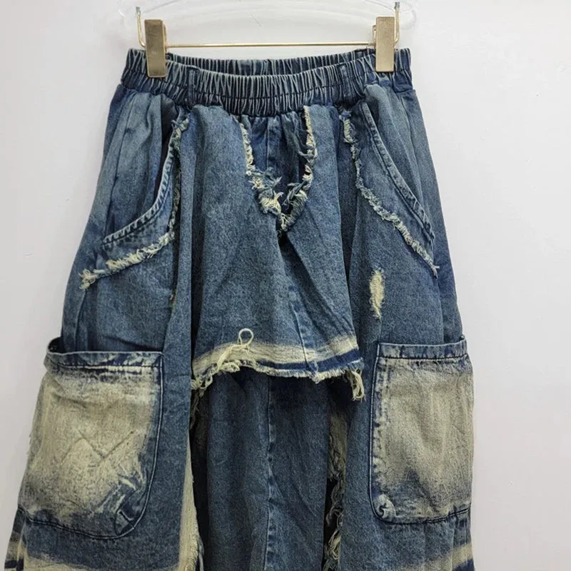 Pre Order: Patchwork High Elastic Waist Loose Denim Pants