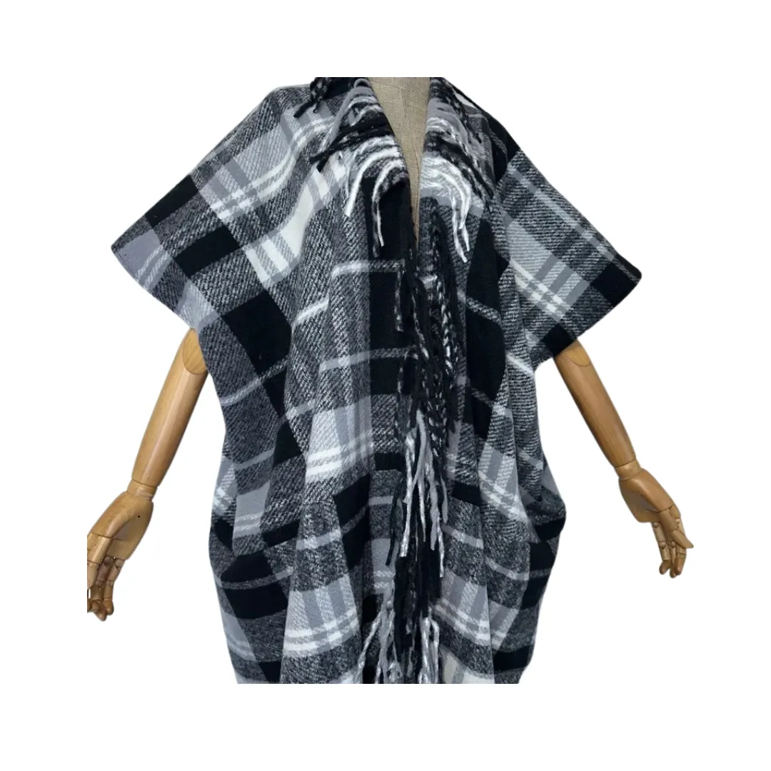 Pre Order:  Warm Plaid Corded Tassel Poncho Cardigan  - WINI