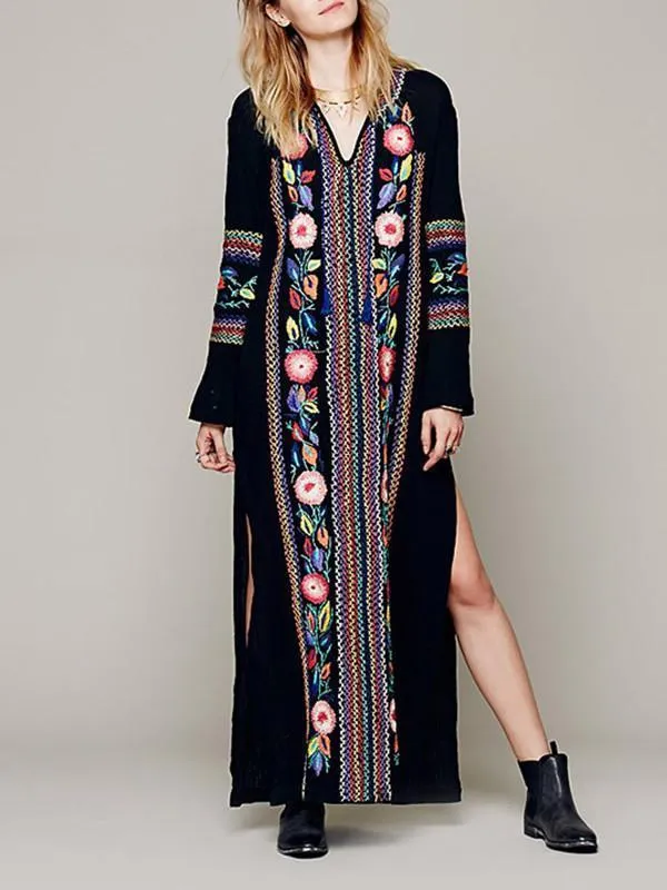 Pretty Bohemia Embroidery Long Sleeve V Neck Side Split Maxi Beach Dress