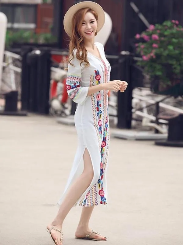 Pretty Bohemia Embroidery Long Sleeve V Neck Side Split Maxi Beach Dress