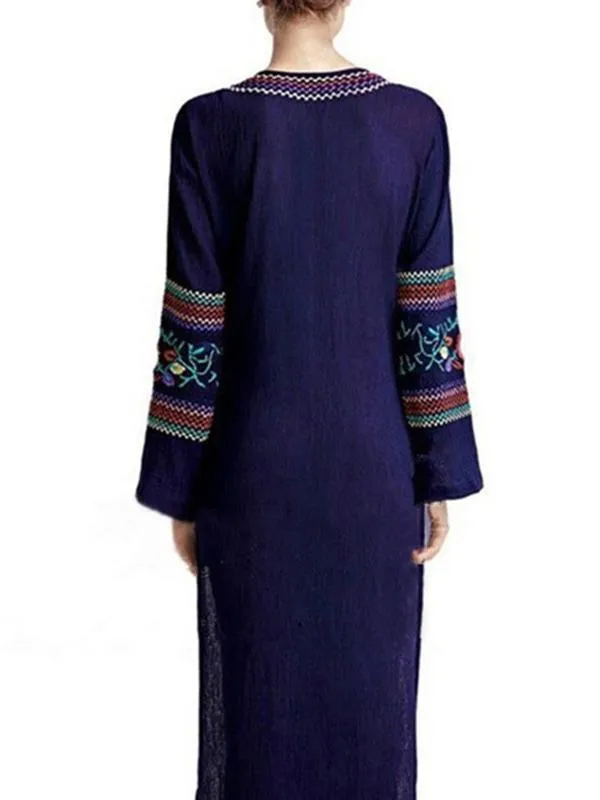 Pretty Bohemia Embroidery Long Sleeve V Neck Side Split Maxi Beach Dress