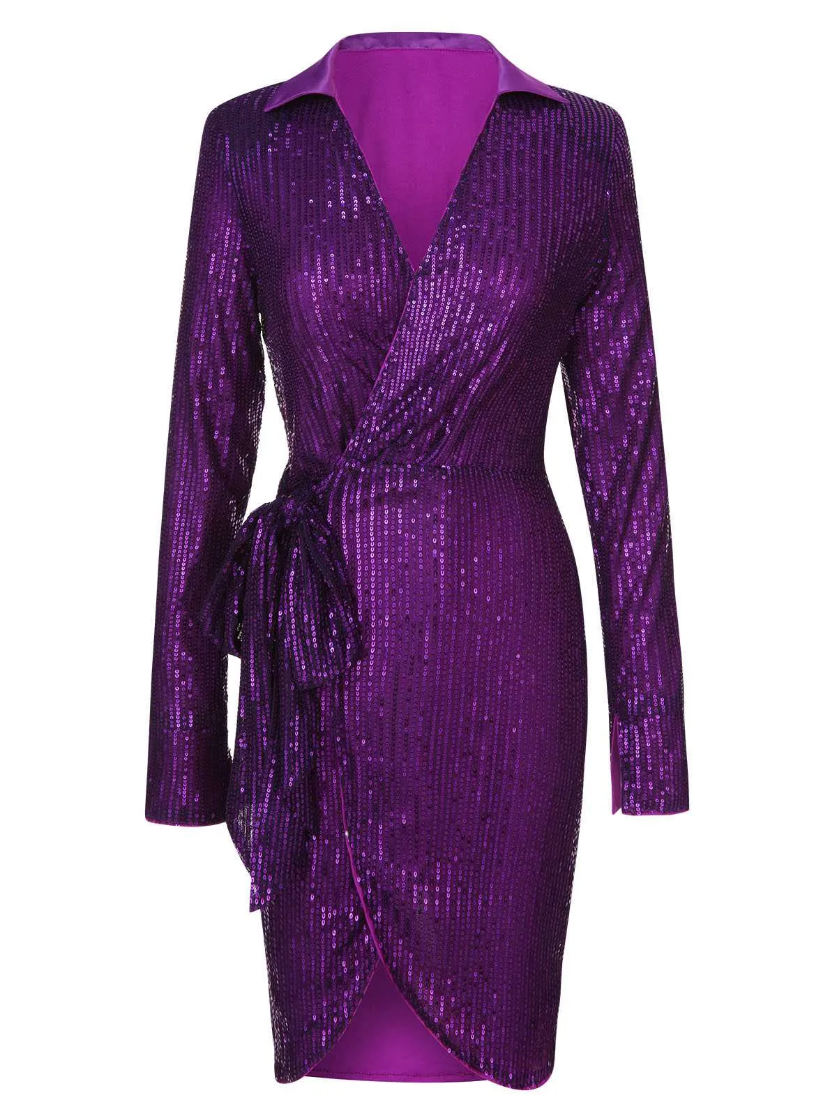 Purple 1960s Lapel Sequined Wrap Dress