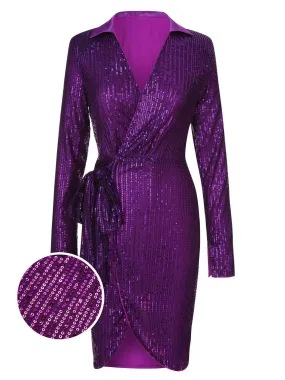 Purple 1960s Lapel Sequined Wrap Dress