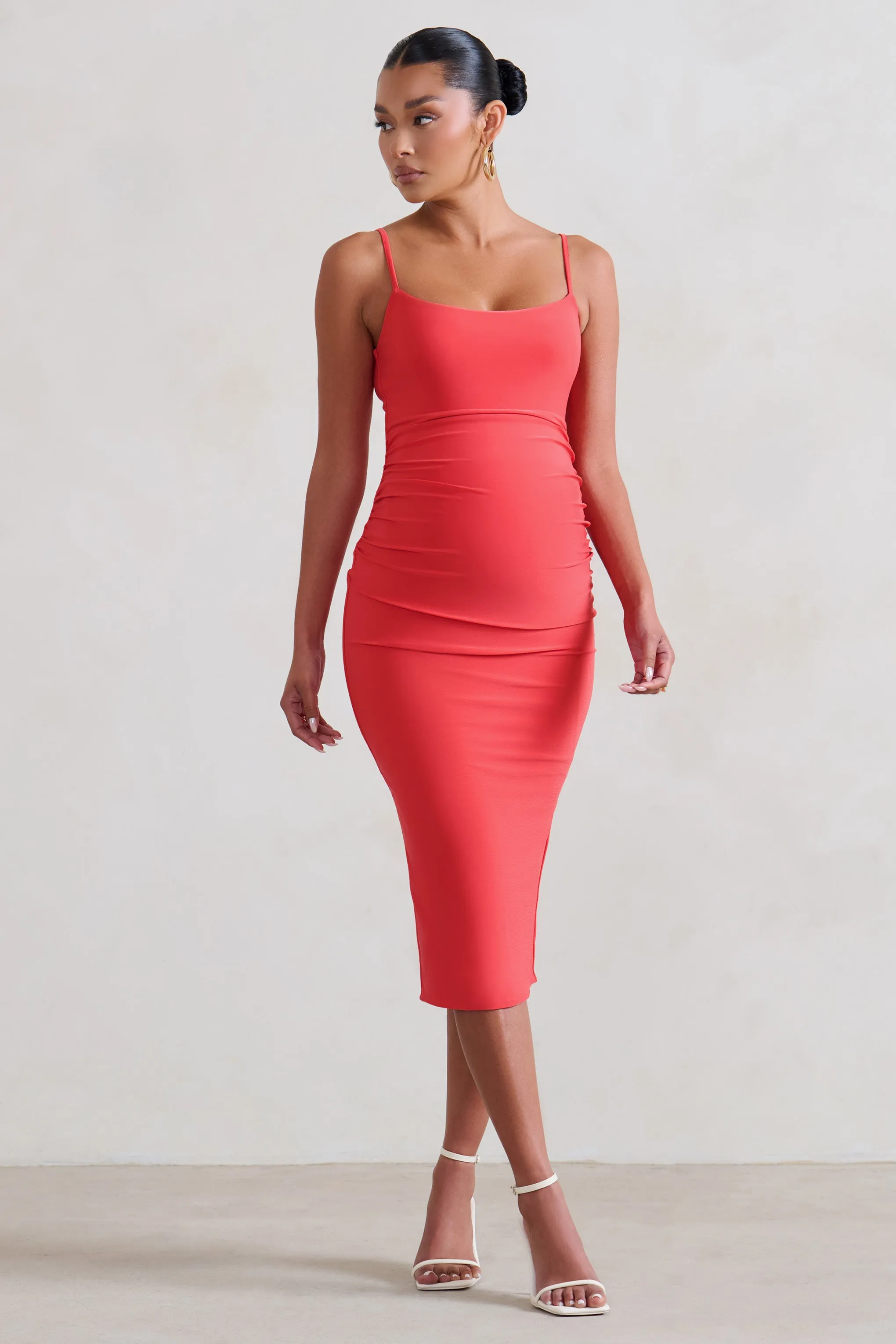 Raquel | Coral Maternity Cami Midi Dress With Split