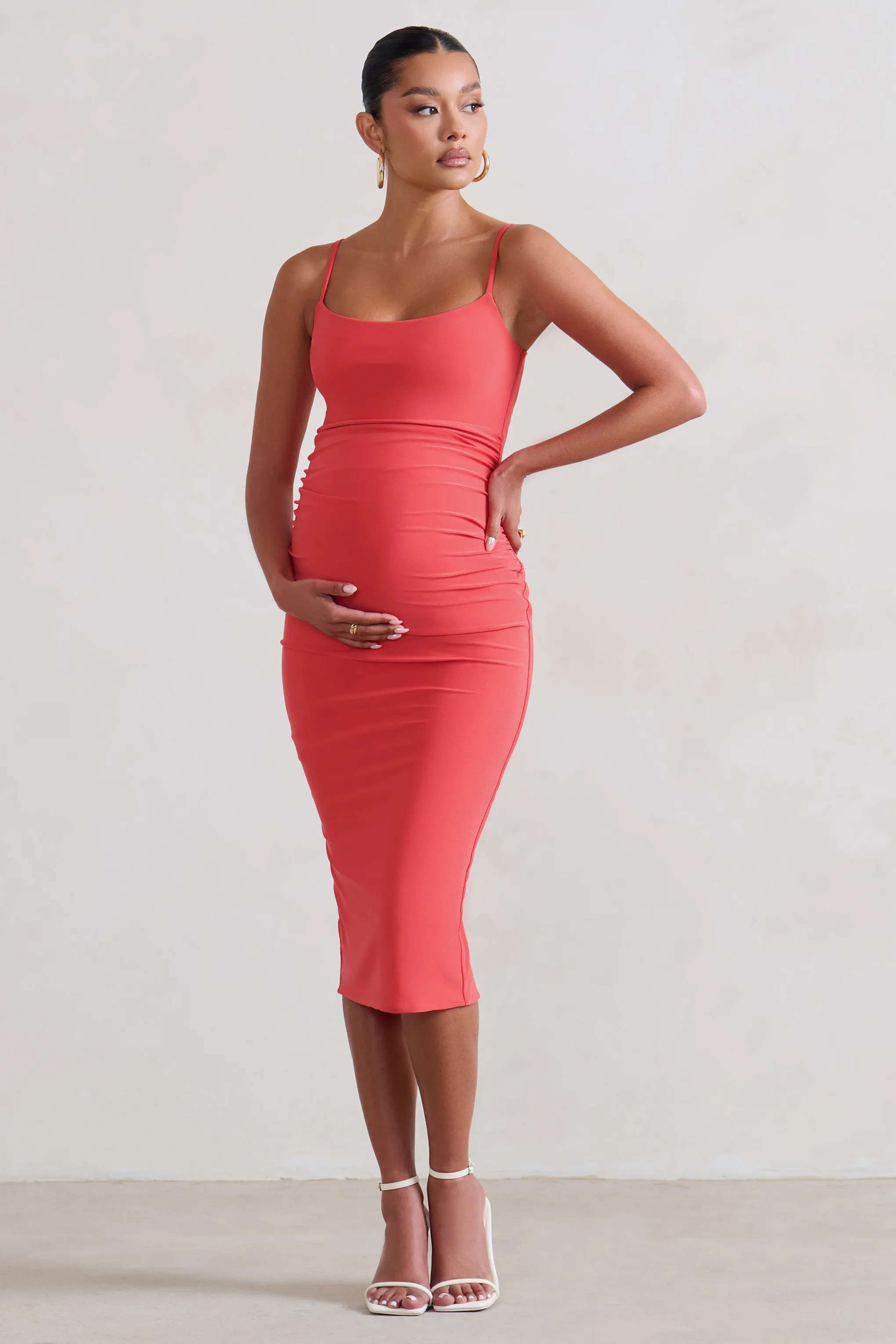 Raquel | Coral Maternity Cami Midi Dress With Split