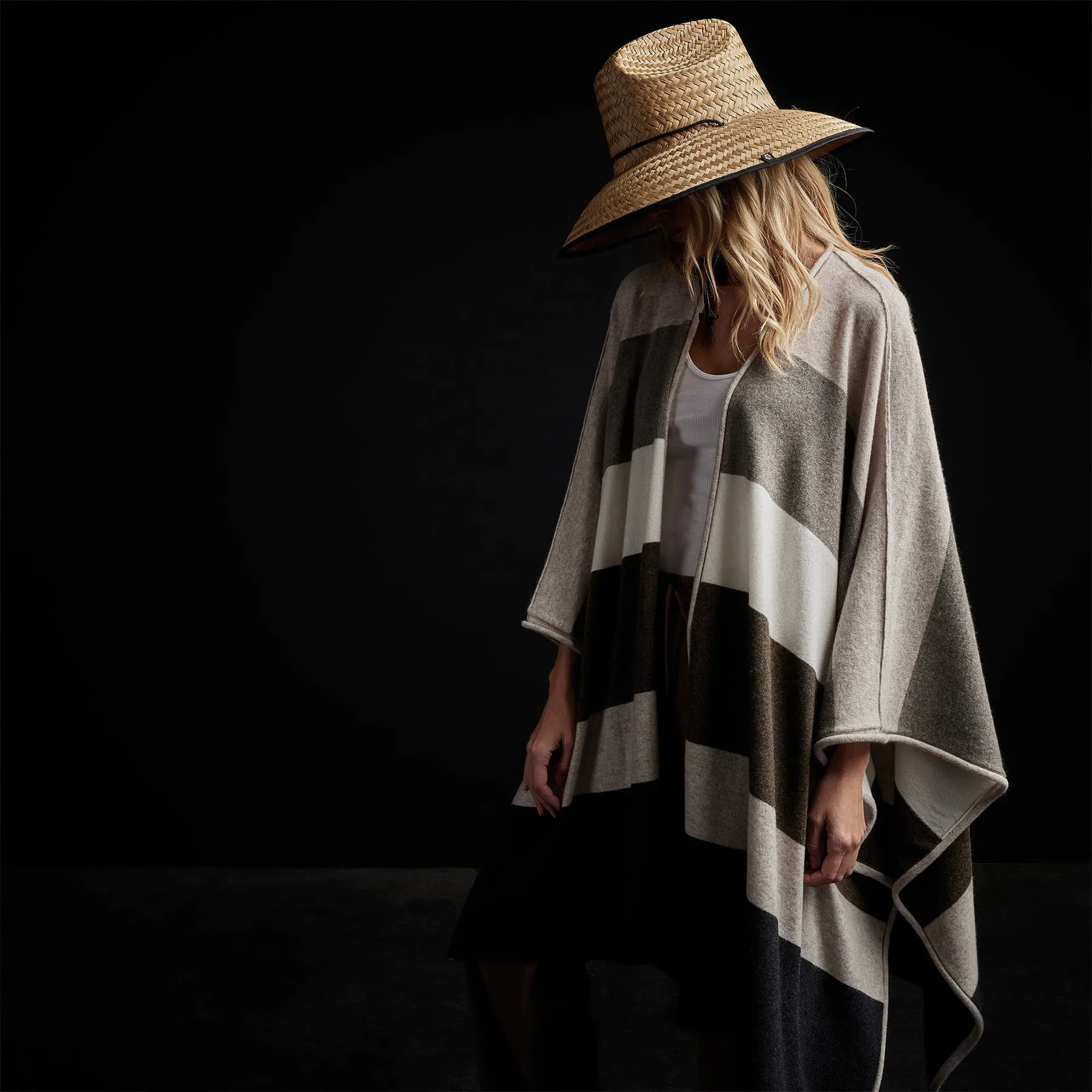 Recycled Cashmere Multi Striped Poncho - Beige Mix