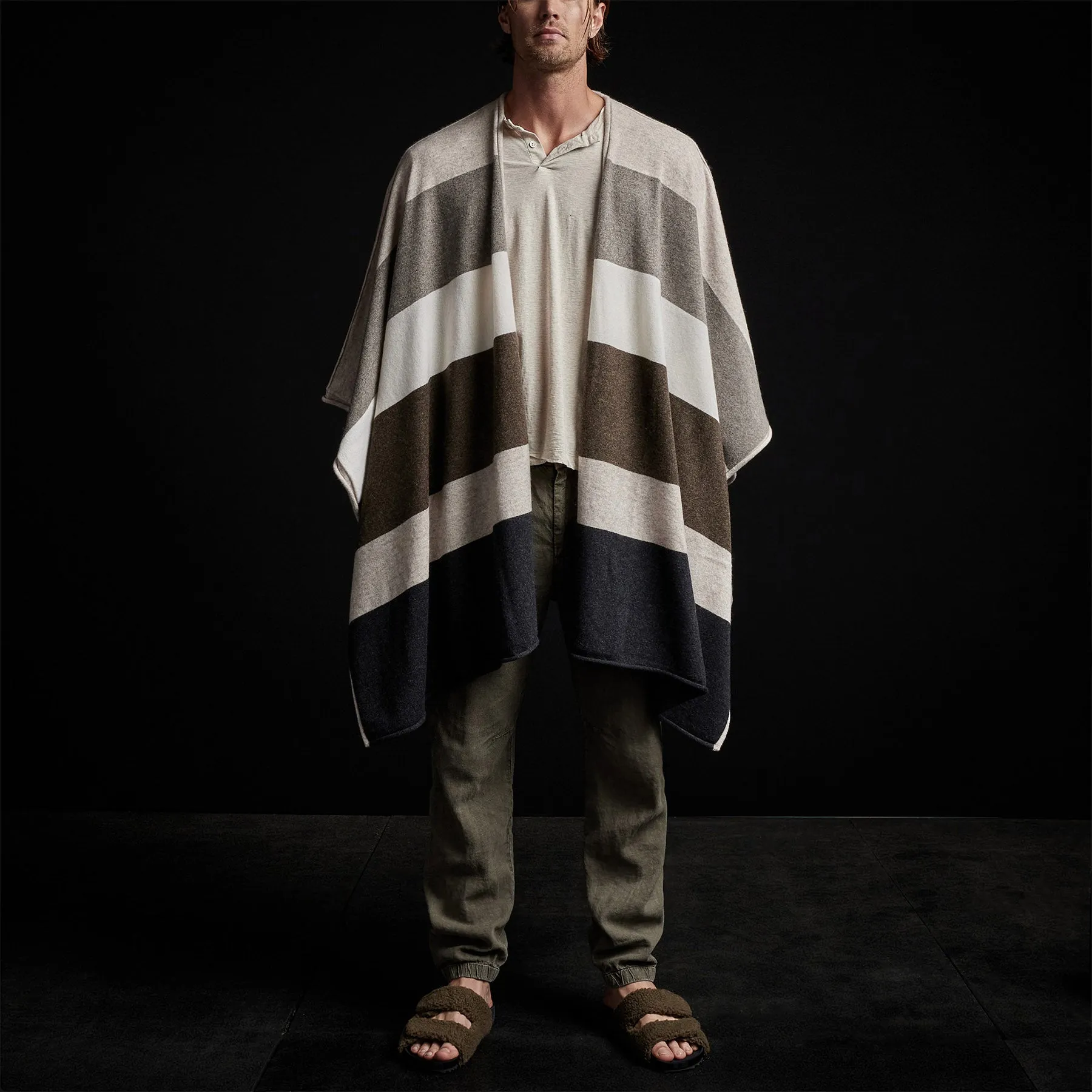 Recycled Cashmere Multi Striped Poncho - Beige Mix