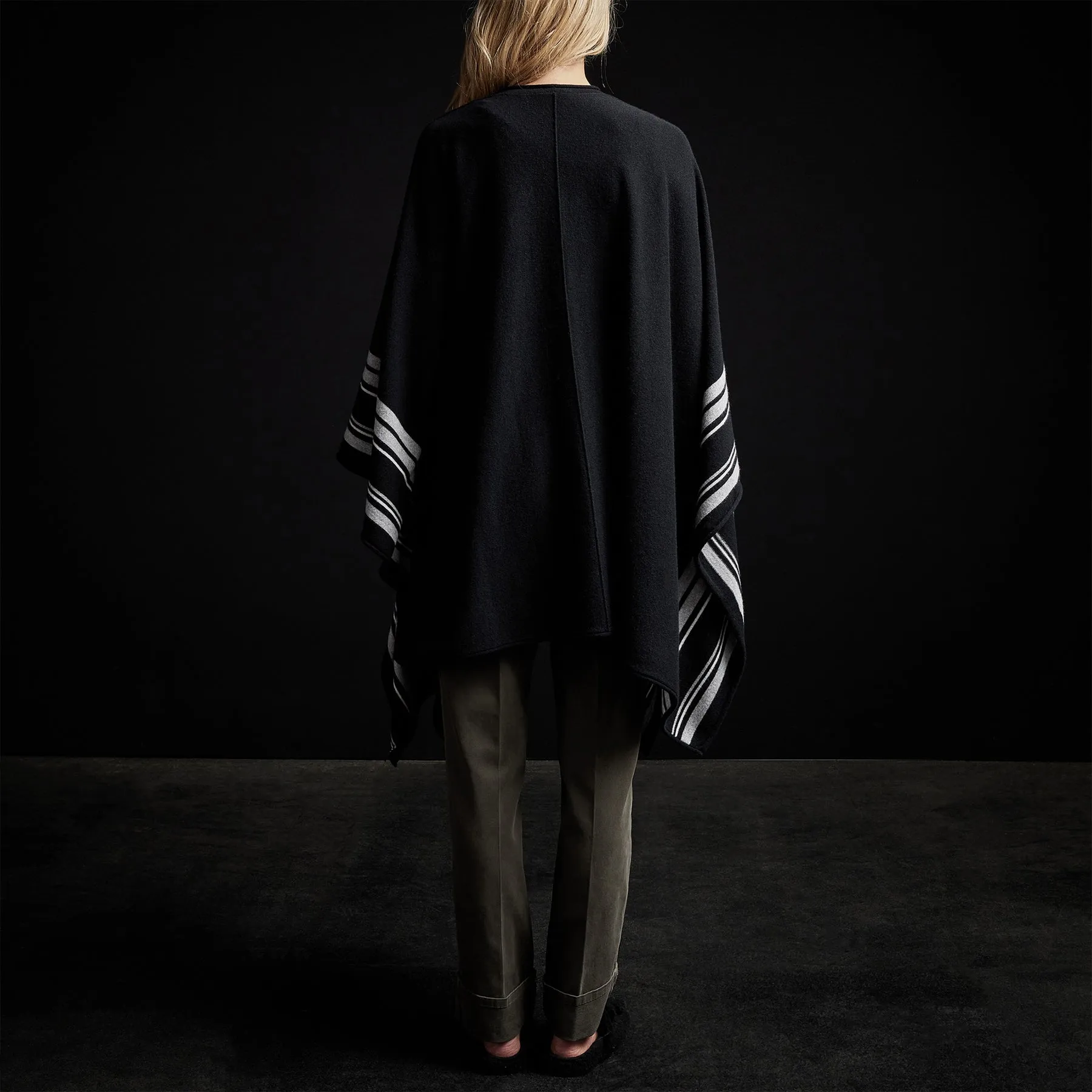 Recycled Cashmere Striped Poncho - Black