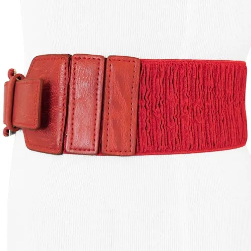 Red Faux Leather Wide Stretch Belt with Elongated Horseshoe Belt Buckle