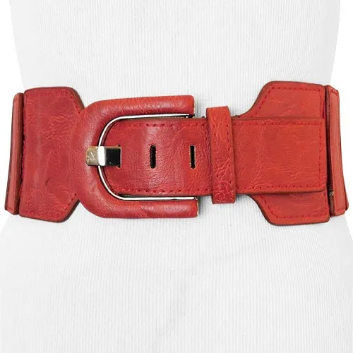 Red Faux Leather Wide Stretch Belt with Elongated Horseshoe Belt Buckle