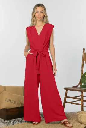 Red Faux Wrap Wide Leg Jumpsuit