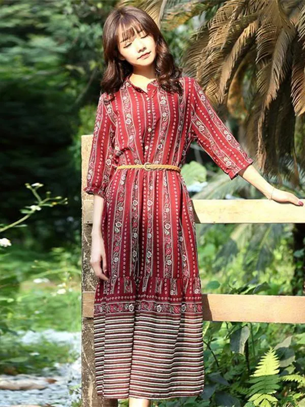 Red Half Sleeves Midi Beach Bohemia Dress