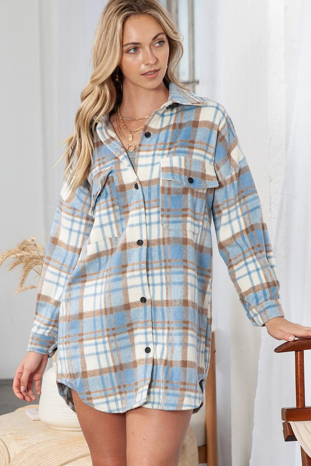 Red Plaid Flap Pocket Long Sleeve Oversized Shacket