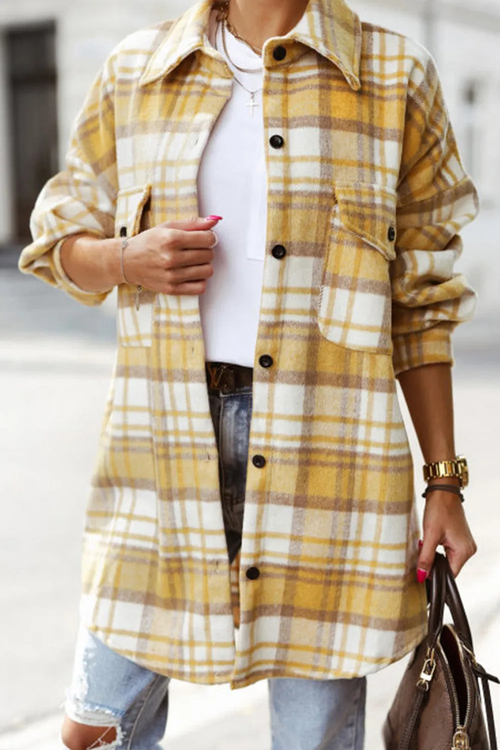 Red Plaid Flap Pocket Long Sleeve Oversized Shacket