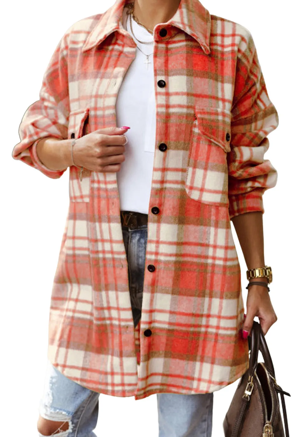 Red Plaid Flap Pocket Long Sleeve Oversized Shacket