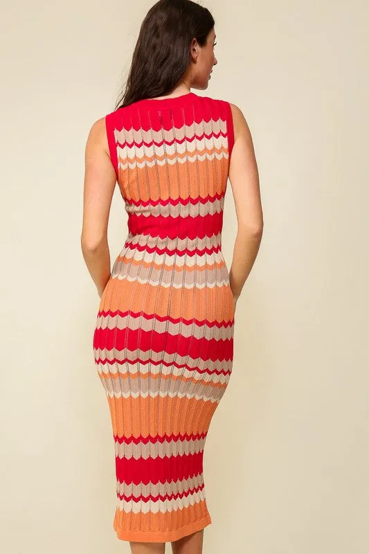 Red/Orange Combo Multicolored Chevron Bodycon Midi Knit Dress