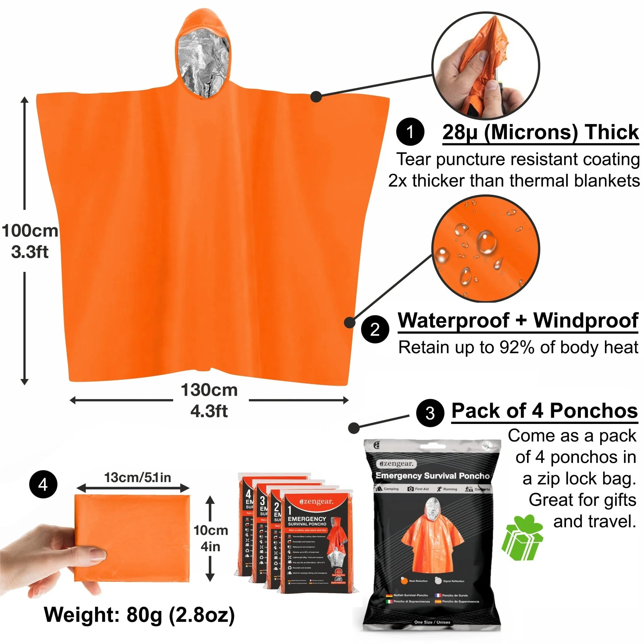 Reversible Emergency Survival Foil Poncho (4pc)