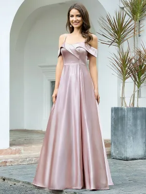 Romantic Off Shoulder with Straps A-Line Box Pleat Long Bridesmaid Dress