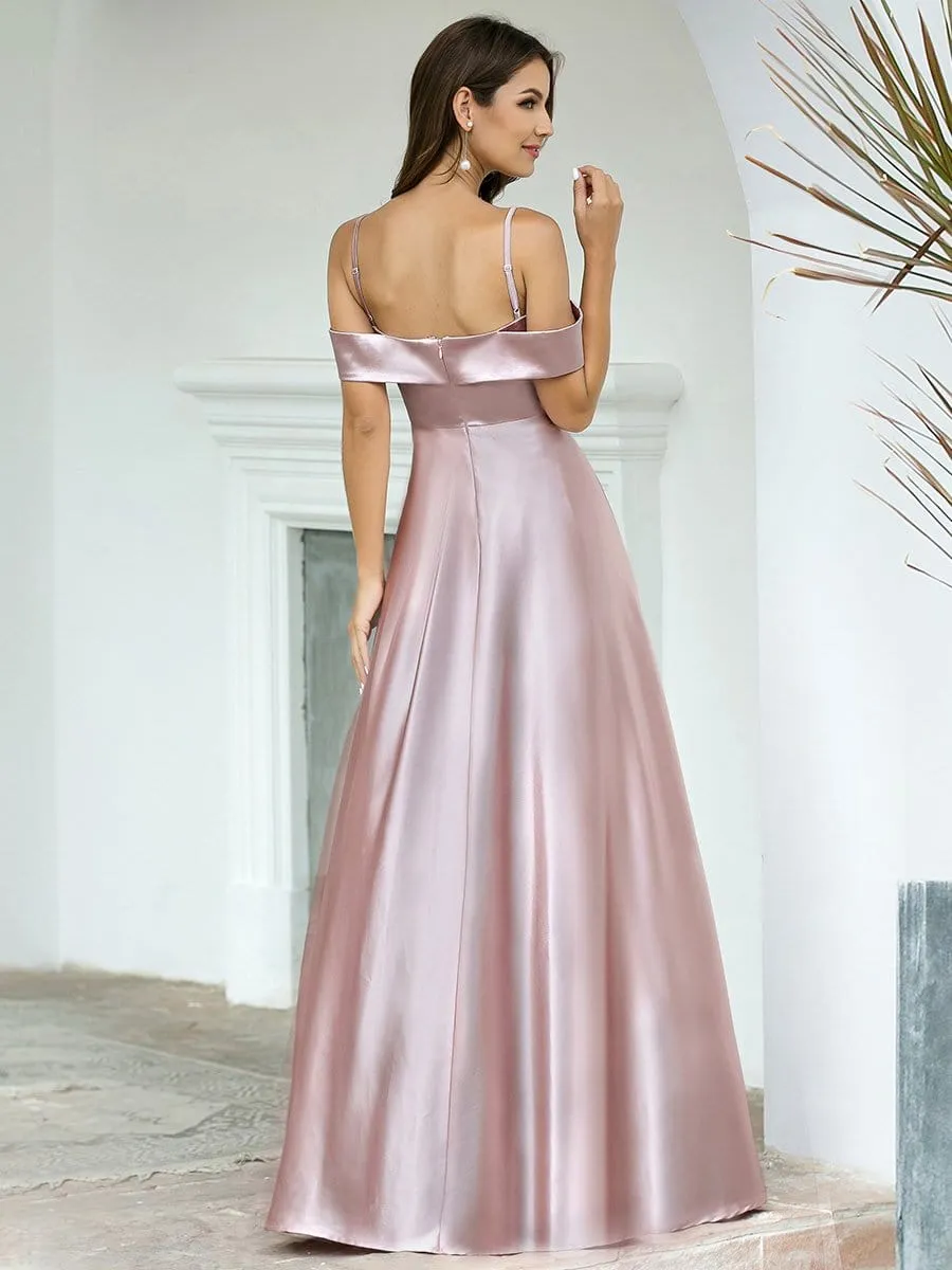 Romantic Off Shoulder with Straps A-Line Box Pleat Long Bridesmaid Dress