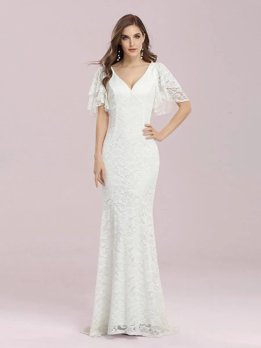 Romantic V Neck Mermaid Wedding Dress with Flutter Sleeves