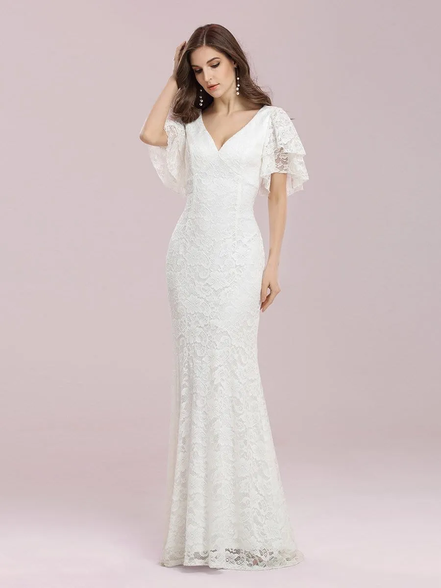 Romantic V Neck Mermaid Wedding Dress with Flutter Sleeves