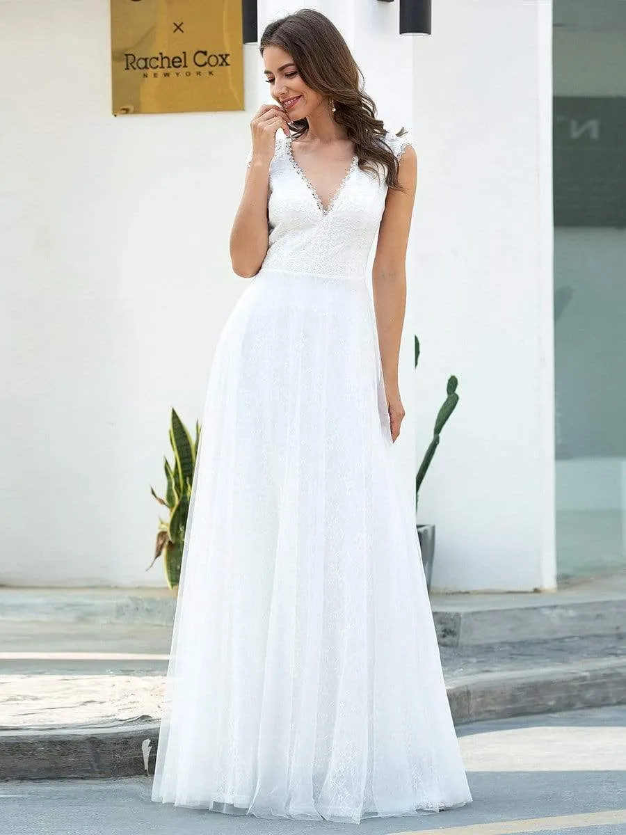 Romantic White V Neck A-Line Tulle Wedding Dresses with Floral Lace