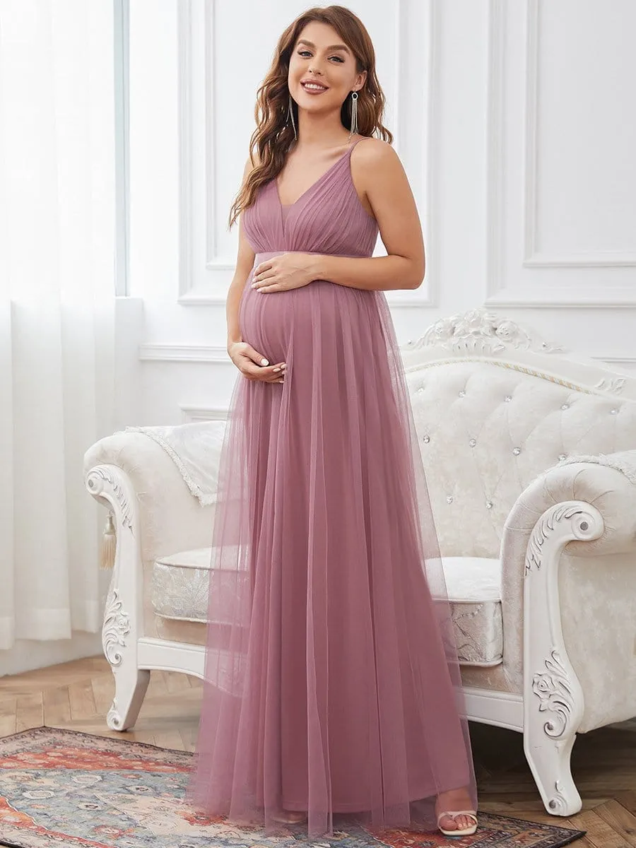 Ruched Spaghetti Strap V-Neck A-Line Maternity Dress