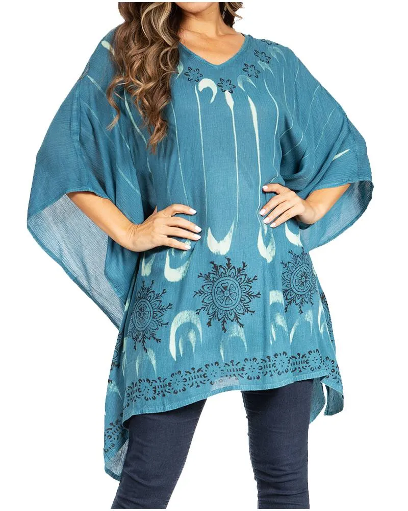 Sakkas Adalwin Third Tie Dye Desert Sun Circle Ponch Tunic Top Blouse W/Embroidery