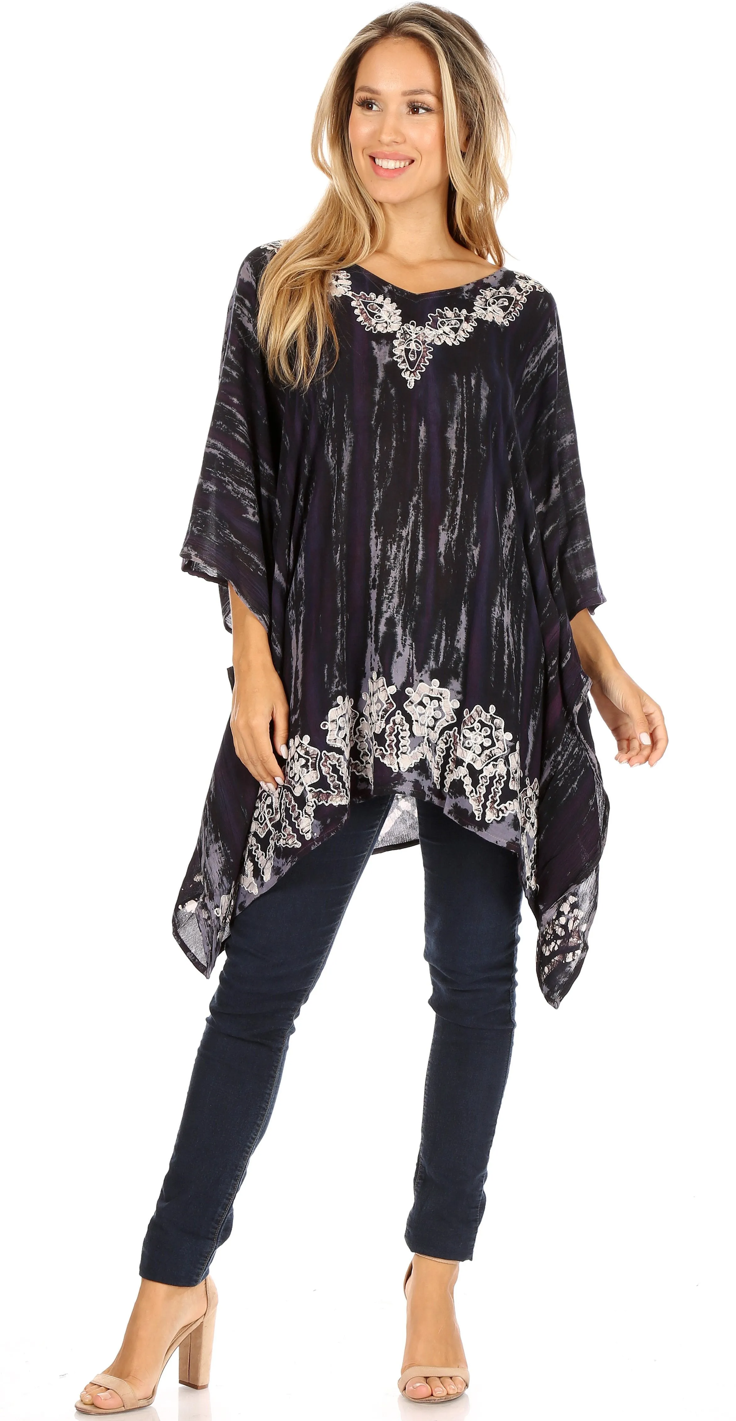 Sakkas Alizia Lightweight Embroidery Batik Top Tunic Blouse Caftan Cover up Poncho