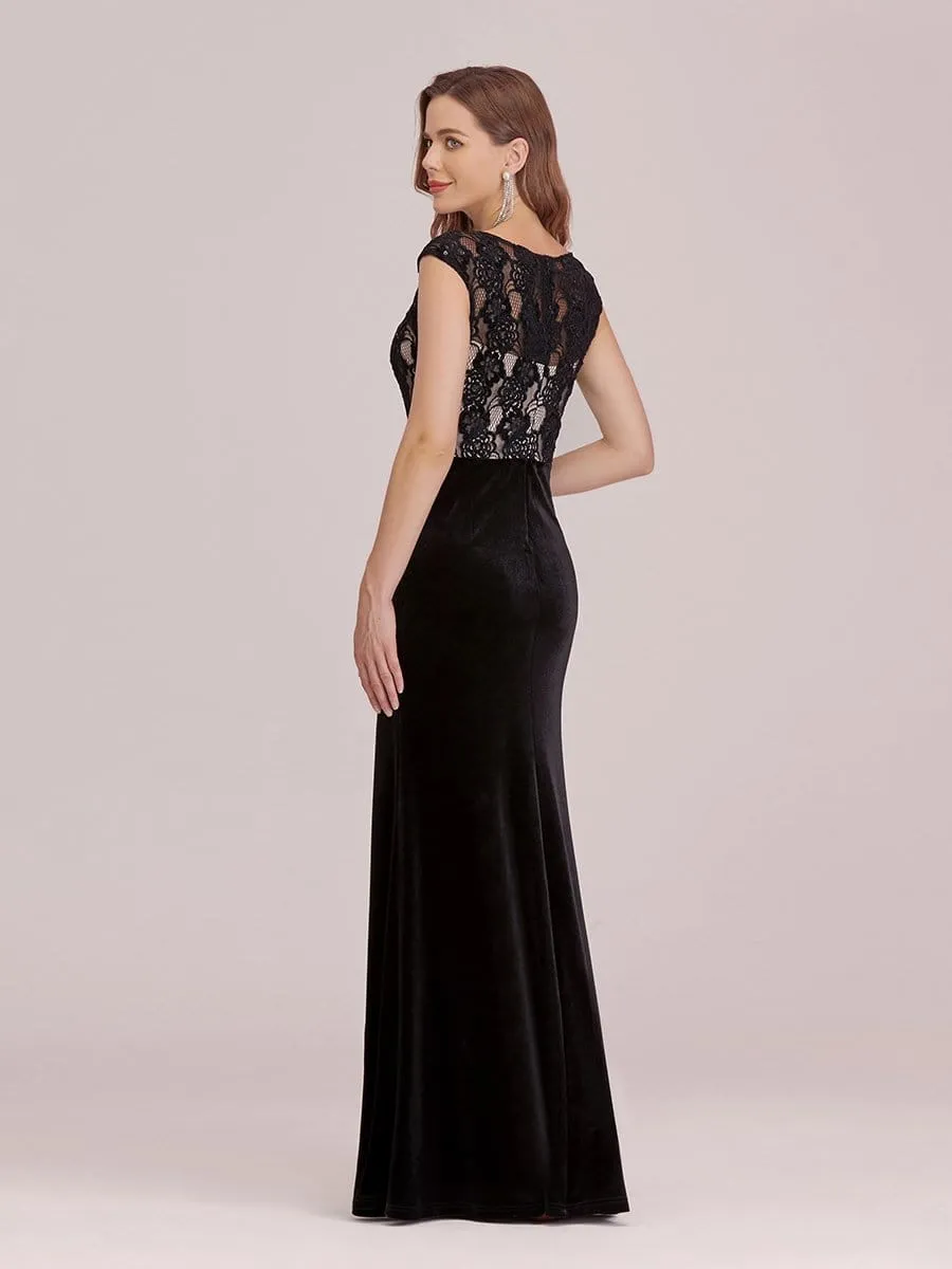 Sassy Round Neck Evening Dress with Lace and Beaded Belt