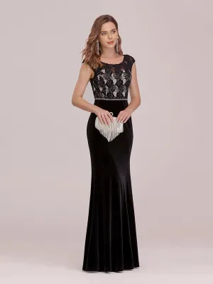 Sassy Round Neck Evening Dress with Lace and Beaded Belt