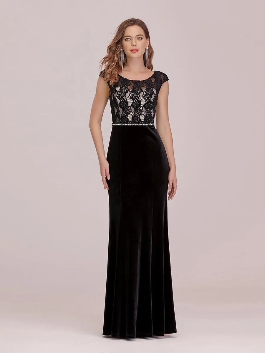 Sassy Round Neck Evening Dress with Lace and Beaded Belt