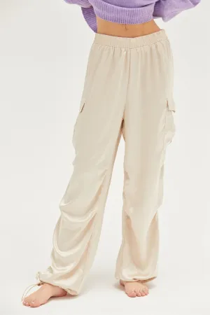 Satin Drawstring Hem Cargo Pants