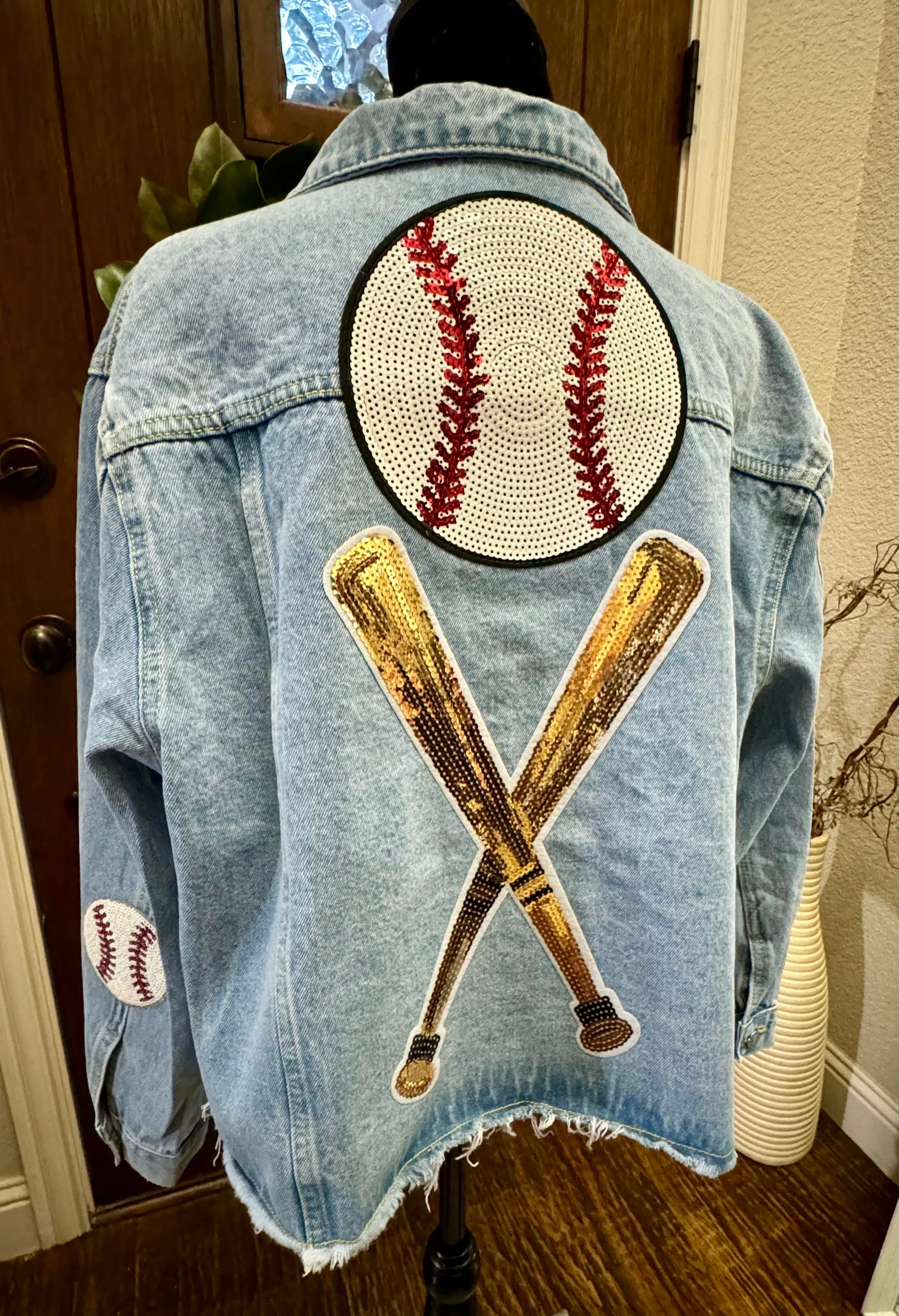 Sequined Baseball Denim Patch Jacket