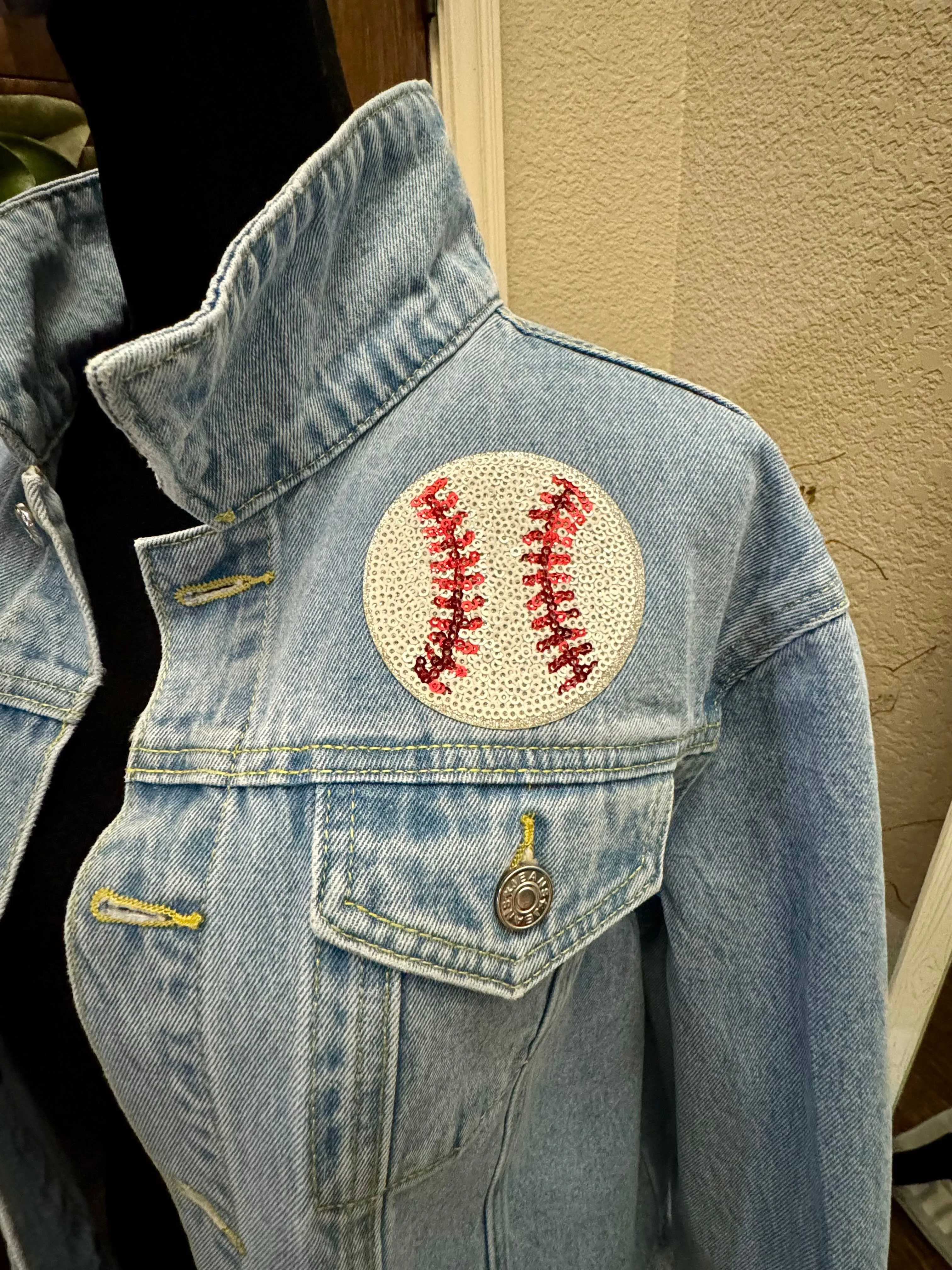 Sequined Baseball Denim Patch Jacket