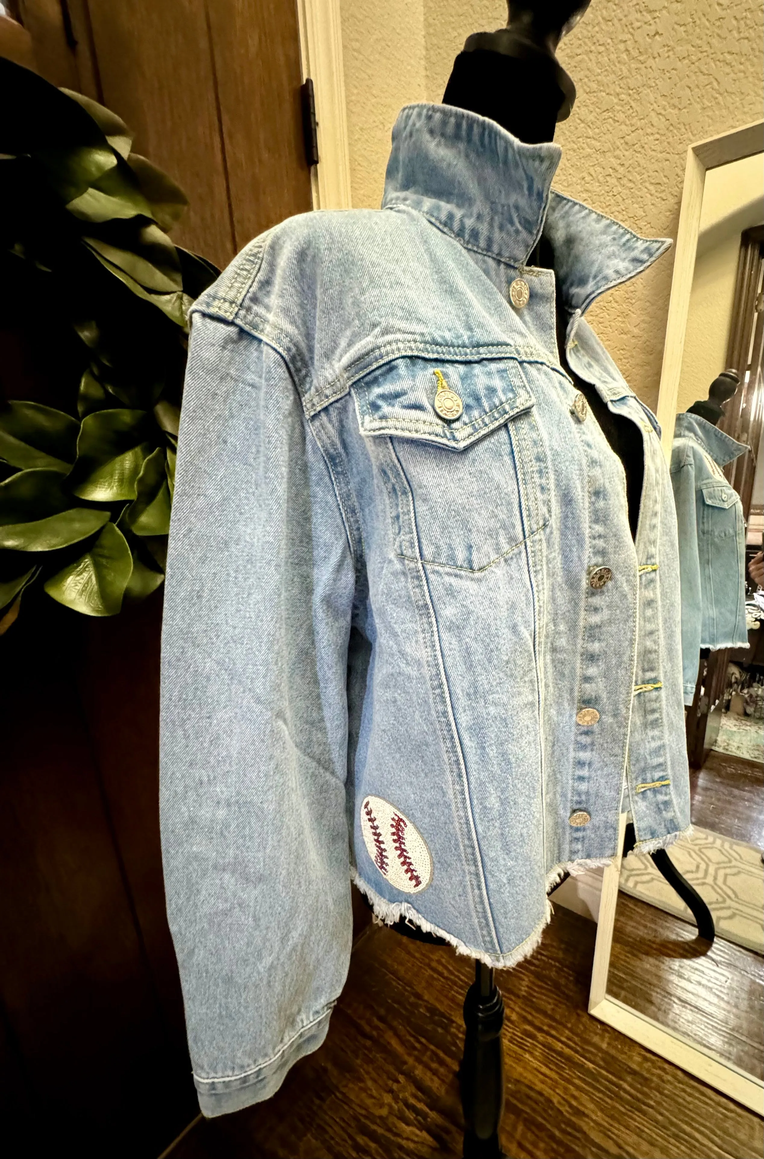 Sequined Baseball Denim Patch Jacket